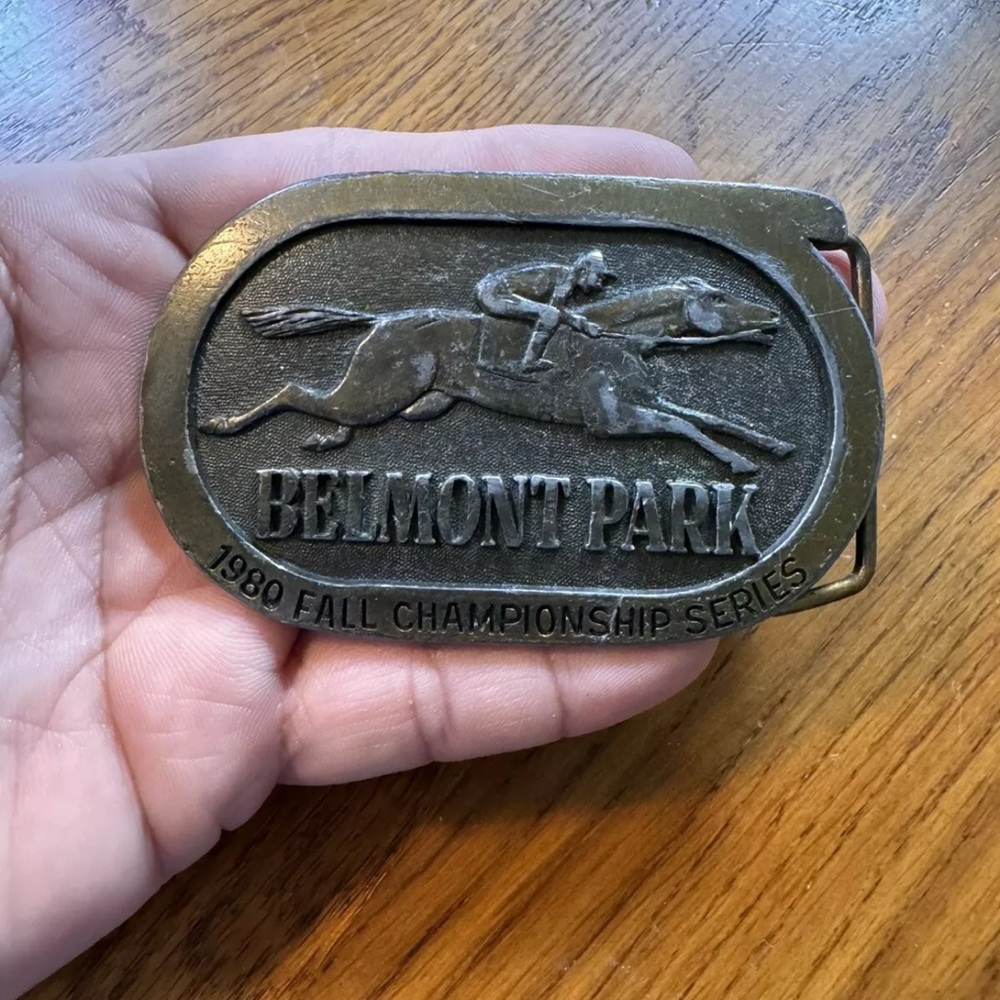 Vintage 1980 Belmont Park Fall Championship Horse Racing Brass Belt Buckle